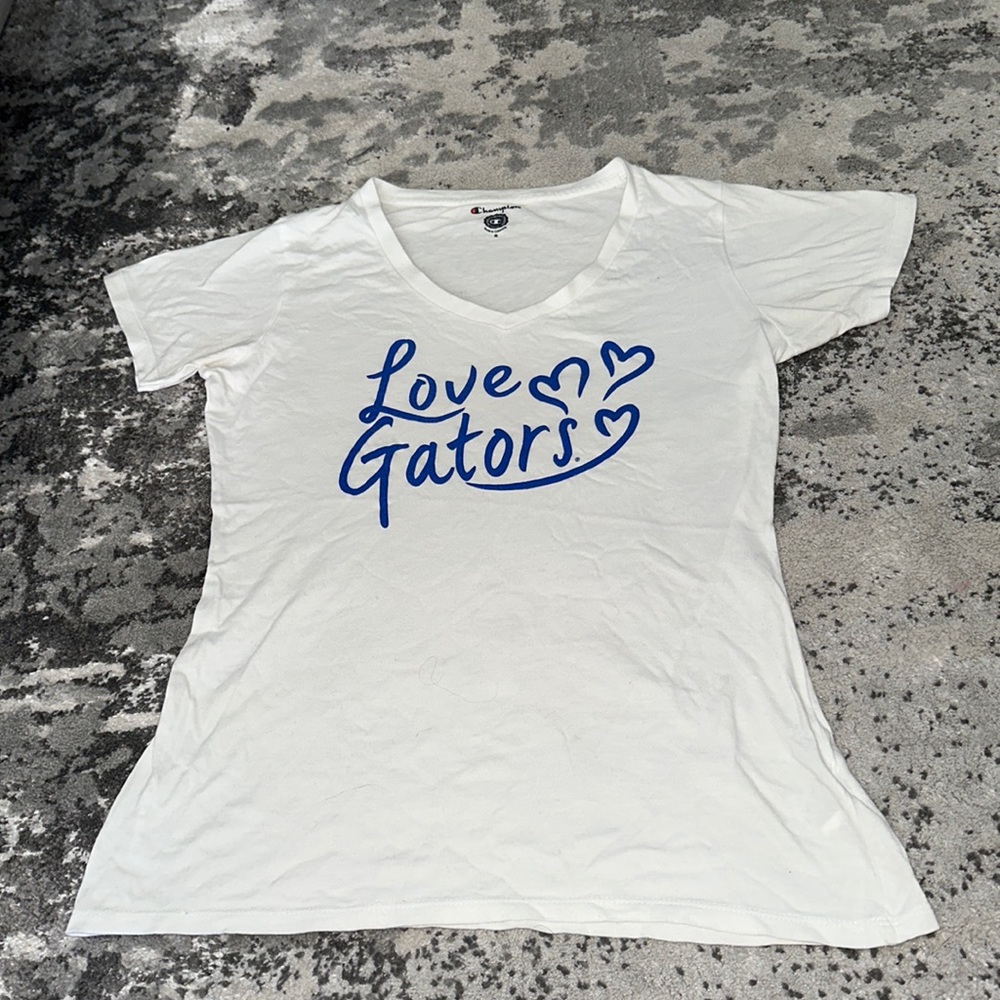 Champion white and blue cursive love gators university of Florida T-shirt